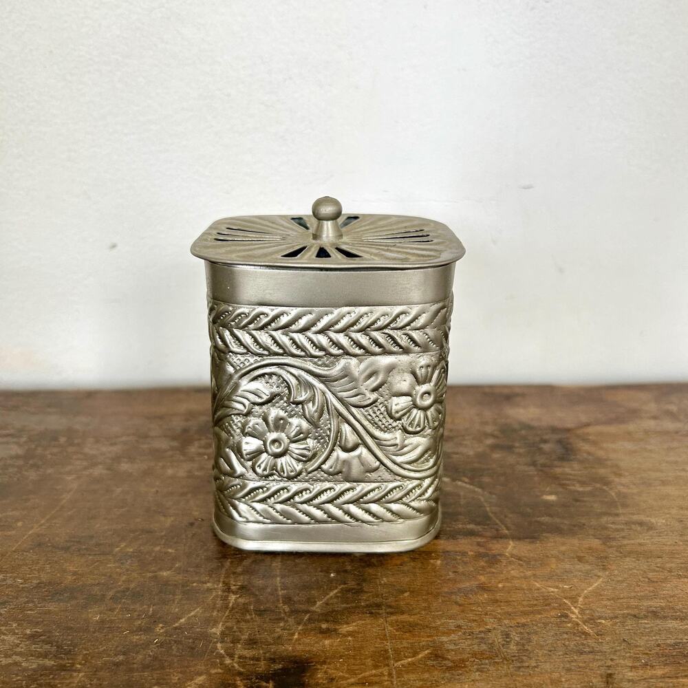 Vintage Embossed Floral Tin Tea Caddy | Repoussé Metal Kitchen Storage Canister